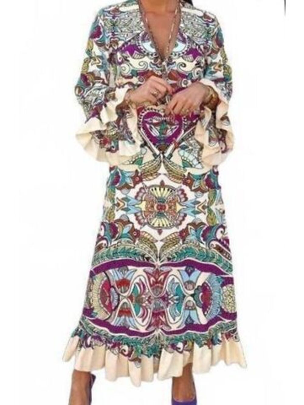 Zara Boho Psychedelic Print Tie Neck Bell Sleeve Midi Dress Cream Purple 70s L - Picture 2 of 9